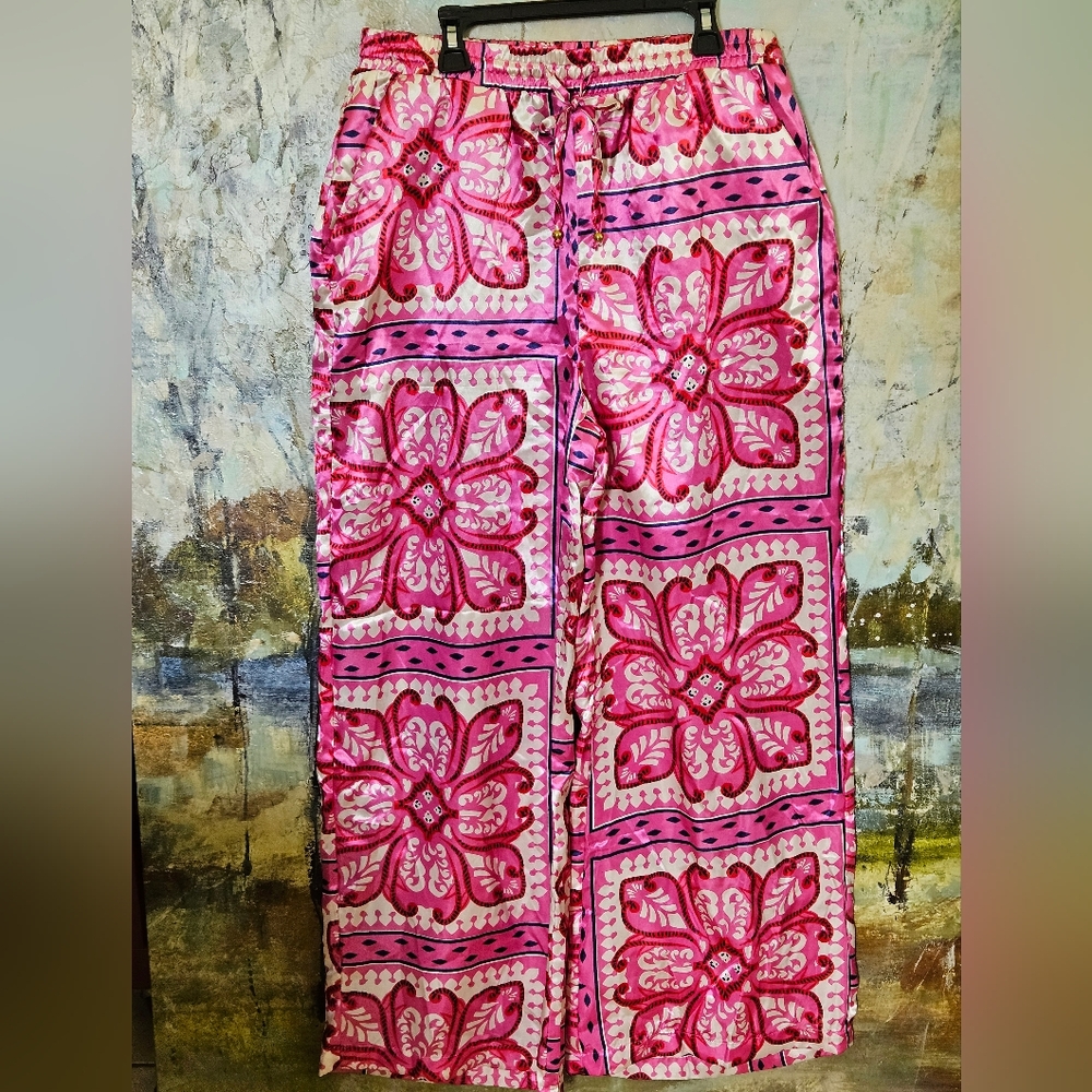 Alex & Parker Pink Medallion Paisley Print Satin Wide-Leg Luxe Lounge Pants Sz M